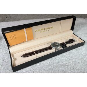 Akribos XXIV Men’s Retro Black Dial Watch w/ Date Window Leather Strap AK715SSB